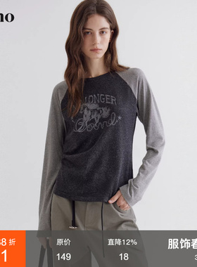 范洛Fano 肌理感长袖T女2026春季拼色插肩袖设计感小马印花上衣