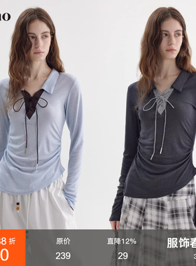 范洛Fano 撞色拼接蝴蝶结系带Polo衫女2026春新款修身显瘦长袖T恤
