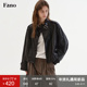 范洛Fano 甜酷松弛感PU皮衣女春季 黑色哑光立领双排扣复古短外套