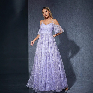 跨境吊带长裙仙气甜美连衣裙写真拍照生日派对钢琴表演礼服裙