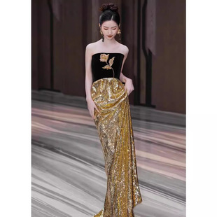 新中式黑金色亮片晚礼服新娘抹胸敬酒服宴会演出主持人婚纱礼服