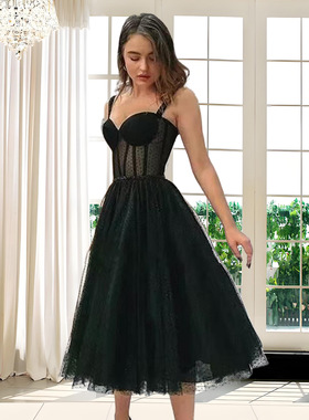 2025速卖通亚马逊跨境新品黑色点网吊带连衣裙名媛宴会主持人礼服