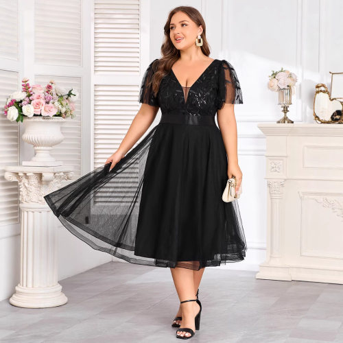 evening dress2026春夏跨境新款双V领弹力腰网纱短款大码晚礼服背
