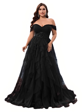 plus size black off shoulder tulle mother of bride dress