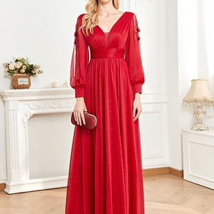 晚礼服女宴会性感气质开衩裙长款 伴娘敬酒连衣裙V领 长袖 2023新款