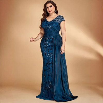 跨境亚马逊肥婆大码优雅珠片拼接飘带V领无袖酒会晚宴礼服裙妈妈