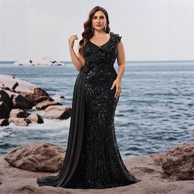 欧美肥婆大码优雅珠片拼接合身V领荷叶袖酒会晚宴礼服裙妈妈礼服