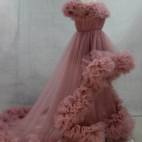 外单礼服孕妈妈拍照婚纱时尚网纱晨跑一字肩前短后长女Wedding D