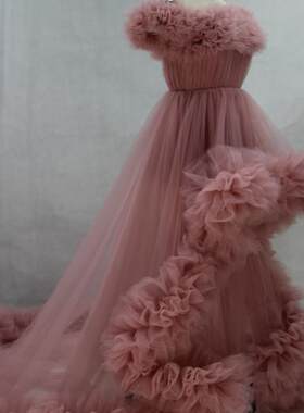 外单礼服孕妈妈拍照婚纱时尚网纱晨跑一字肩前短后长女Wedding D