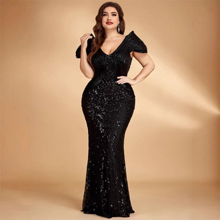 欧美亚马逊大码双肩亮片鱼丝定型优雅晚礼服酒会派对连衣裙女