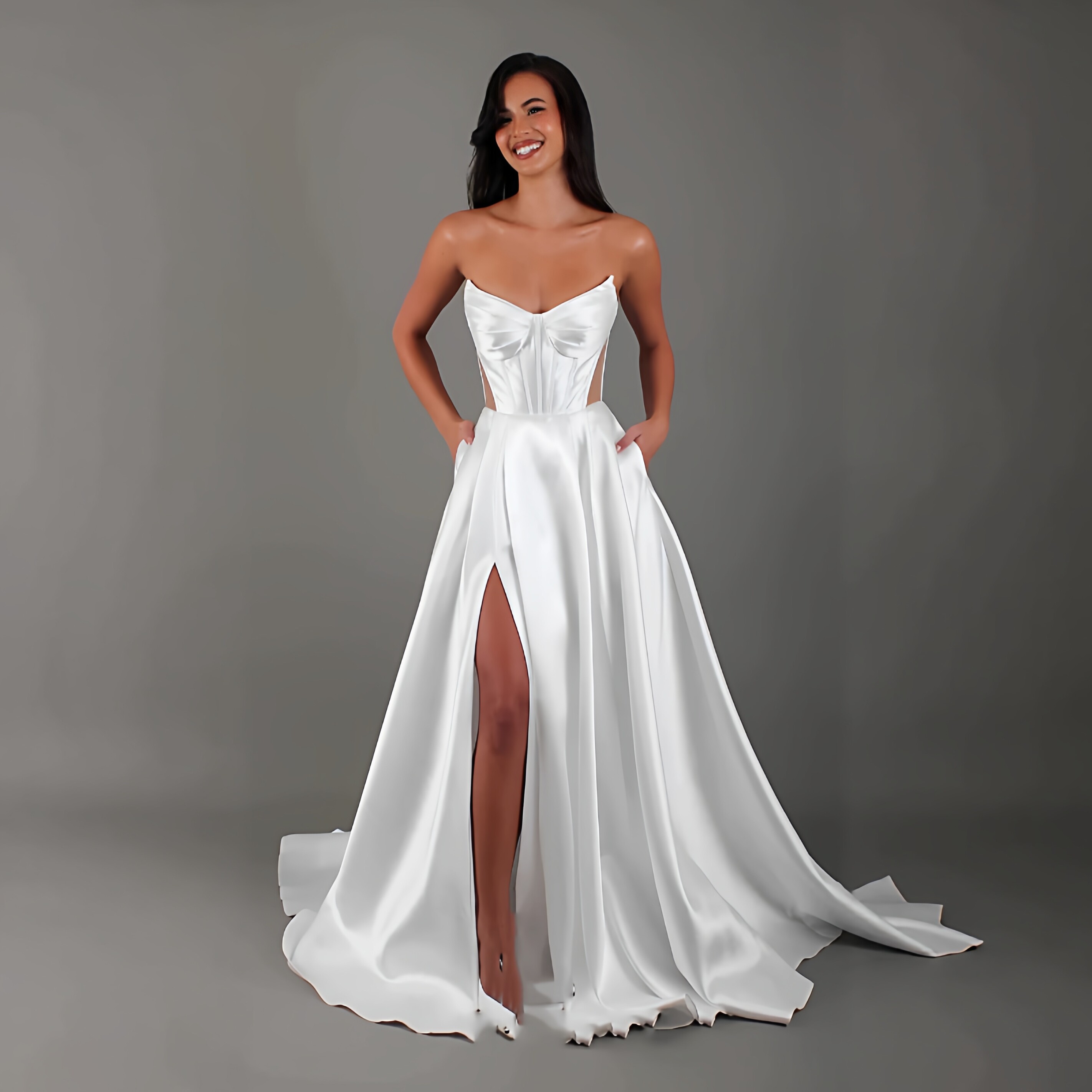 性感白色缎面开叉婚纱鱼骨显瘦小拖尾绑带口袋礼服wedding dress