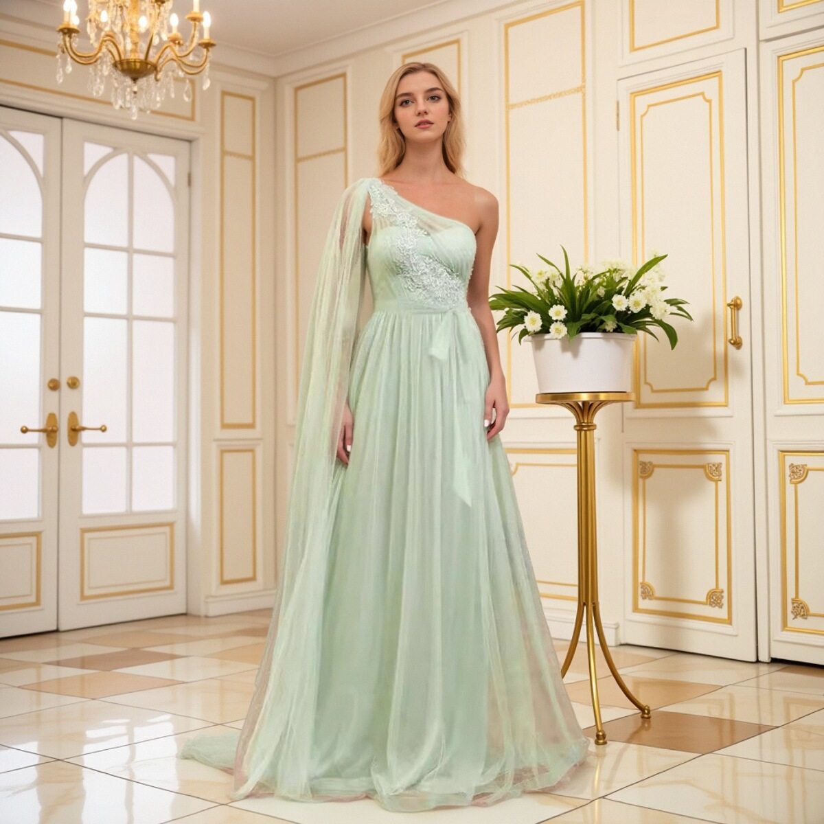 高端欧美新款落地袖贴花连衣裙雪纺长裙伴娘宴会晚礼服PROM DRESS
