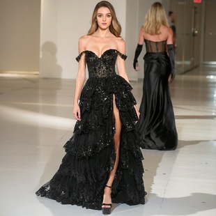 黑色一字肩晚礼服显瘦气质连衣裙宴生日主持会年会派对平时可穿裙