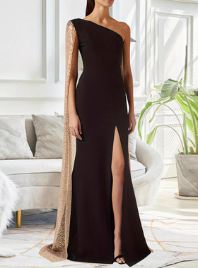 新款 礼服裙女主持人 单肩披风开叉黑色礼服 跨境礼formal dress