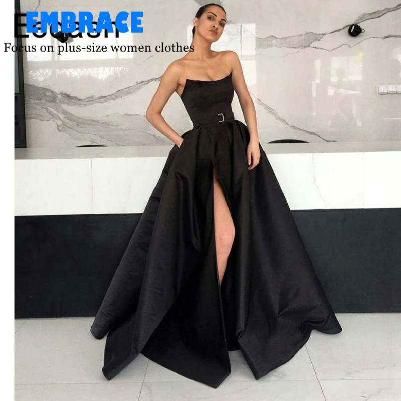 开衩缎黑色长裙加大码婚纱晚礼服