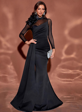 黑色宴会礼服2025新款亚马逊独立站修身晚宴派对跨境时尚气质