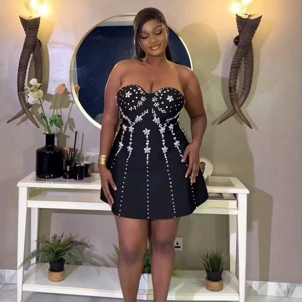 显瘦修身绷带连衣裙热销爆款重工烫钻无袖抹胸连衣裙宴会派对礼服