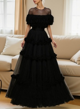 欧美网纱小众女装修身显瘦包肩黑色蛋糕裙连衣裙晚礼服prom dress