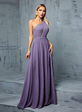 跨境单肩晚礼服淡紫色生日派对订婚演出伴娘fu连衣裙女新娘敬酒