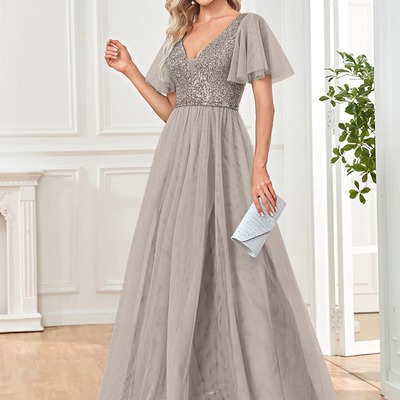 短袖亮片长裙性感大摆礼服网纱