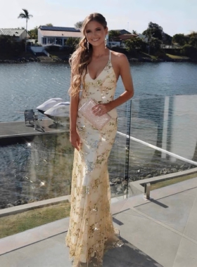 wedding dress欧美高端新款春夏性感吊带露背亮片系带金色晚礼服