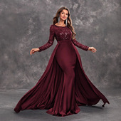 热卖 女士舞会晚礼服 亮片长袖 新款 圆领性感优雅黑色礼服 SSW5205