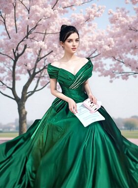 绿色一字肩晚礼服轻奢小众高端声乐艺考美声独唱演出服宴会主持人