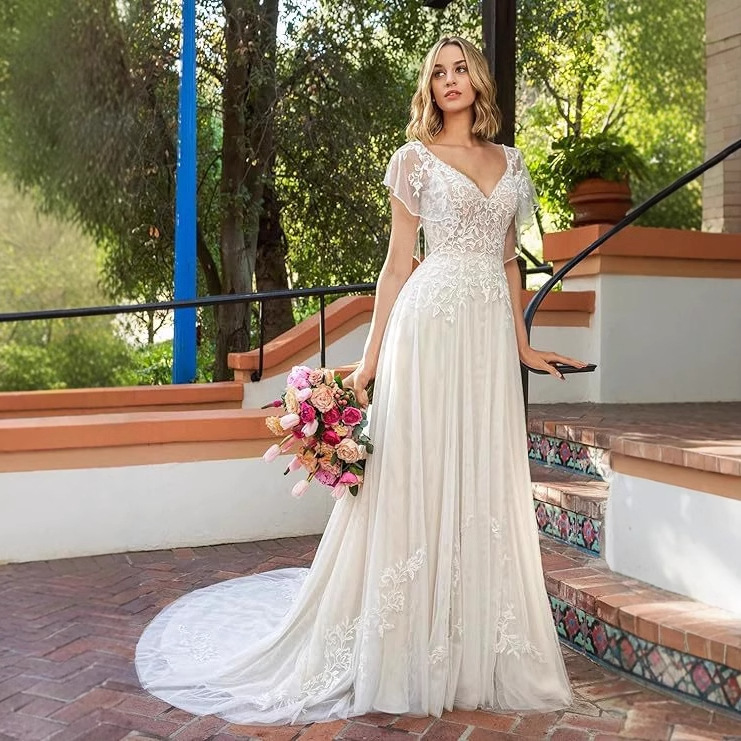 2024新款欧美亚马逊蕾丝轻婚纱裙连衣裙舞会白色晚礼服肖拖尾
