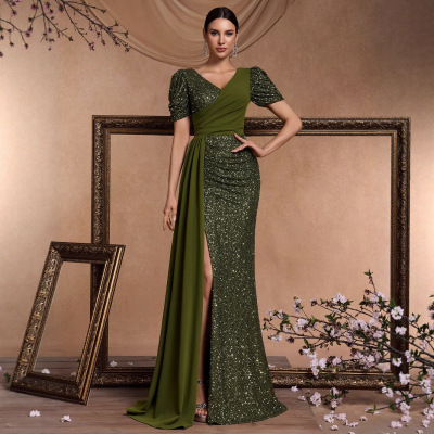 欧美新款优雅珠片拼接合身v领短袖气质华丽酒会正式晚宴礼服