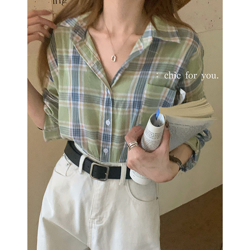 Real price ~ Vintage Green Plaid Shirt foundation versatile fresh long sleeve shirt