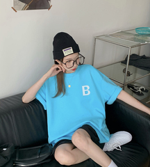 Real price ~ luminous letter side pocket printed round neck short sleeve T-shirt