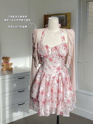 JMSHOP 微醺玫瑰 挂脖裙子小众设计感显瘦女装夏季辣妹连衣裙