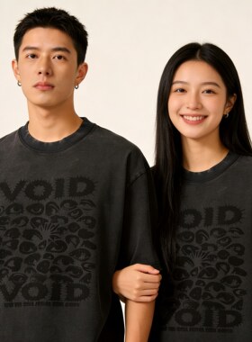 BLAU GRUN2026新款复古炒盐重磅圆领短袖抽象艺术印花T男女情侣款