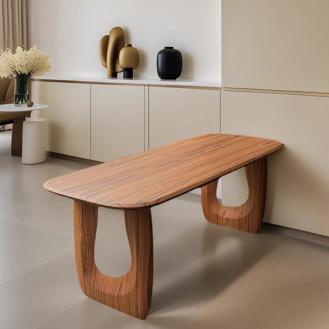 缅甸瓦城柚木全实木餐桌长方形中古风原木石头桌宋氏书桌会客茶桌