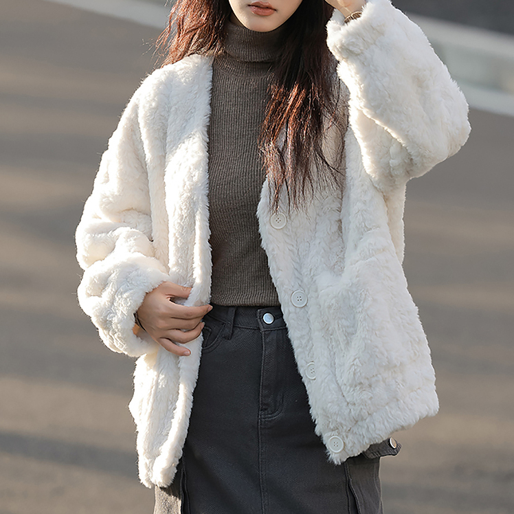 唐系列女装春季仿羊羔绒外套v领设计感小个子加厚毛毛上衣/1-98