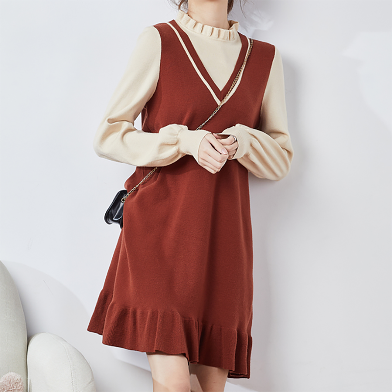 唐系列女装连衣裙春季毛衣裙假两件针织连衣裙打底小个子外套/8-7