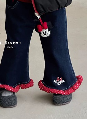 7-seven正品25冬女童可爱米奇牛仔裤加绒加厚保暖休闲长裤喇叭裤