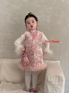 苏西女童2025新款 秋冬加绒刺绣背心裙旗袍裙生日宴会年服连衣裙