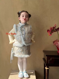 Susie女童2025新款 旗袍中国风刺绣马甲女宝秋冬年服半裙盘扣套装