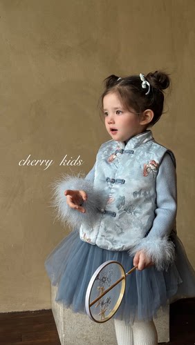 樱桃女童新中式国风套装2025新款儿童洋气时髦马甲半身裙两件套