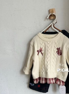 萌希·25冬~韩版拼格子花边毛衣 设计款打底女童毛衣橙小七釉兮AH