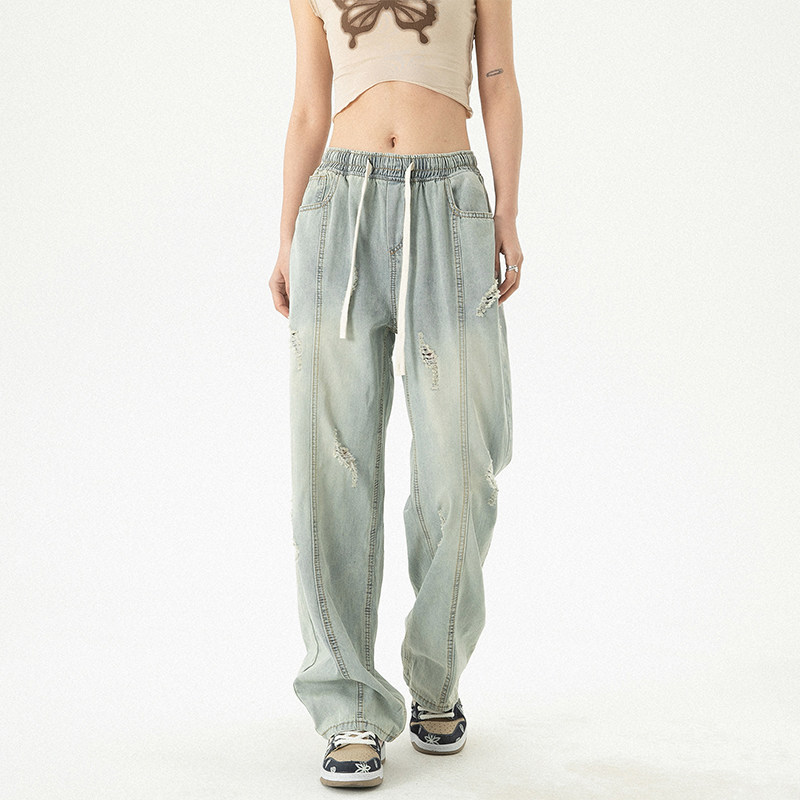 女装类目现货抖音品美式高街破洞牛仔裤男女夏潮冰丝薄GX06P65，女装牛仔裤，电商C303A