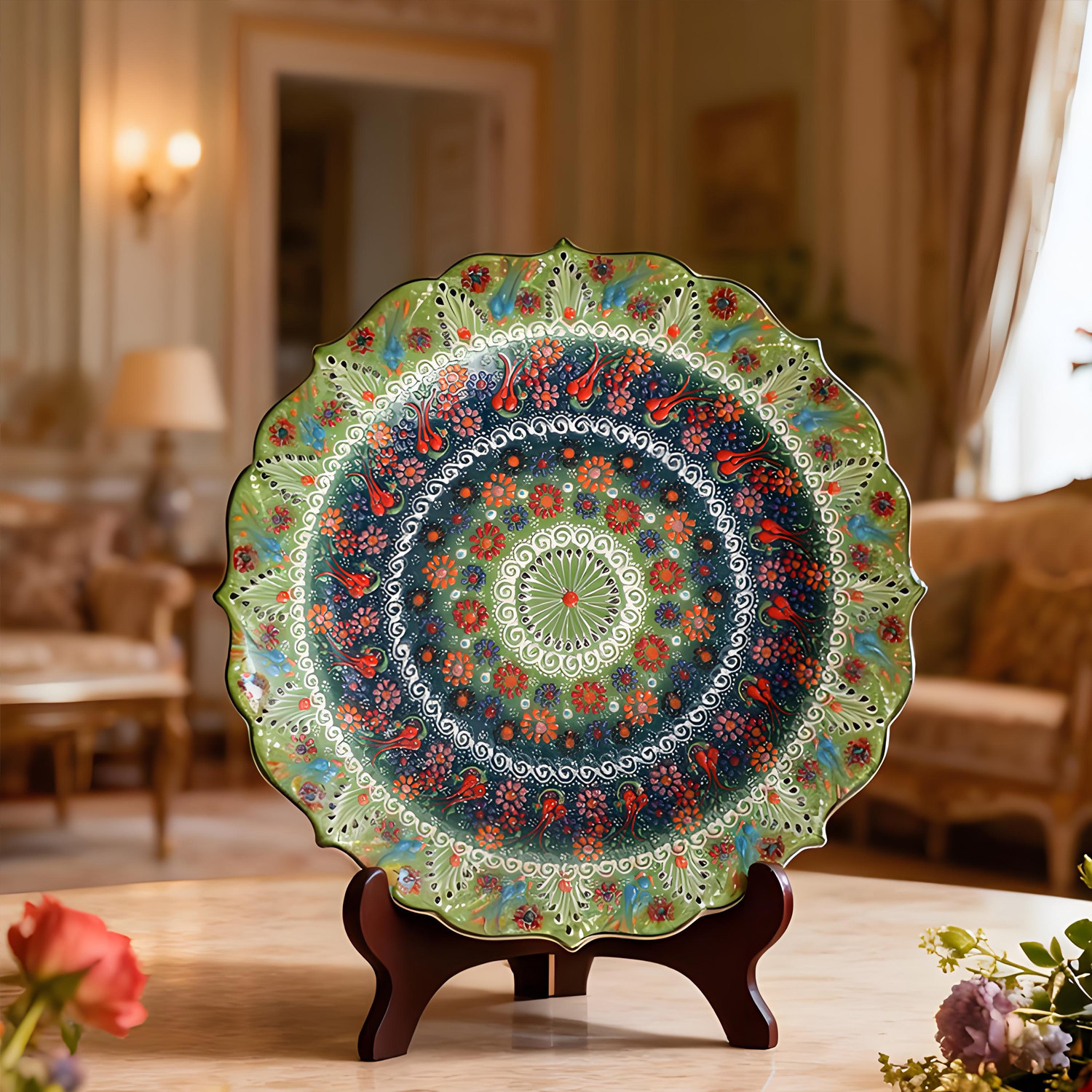 土耳其进口陶瓷平盘手绘浮雕花纹新中式古典水果干果盘装饰摆件