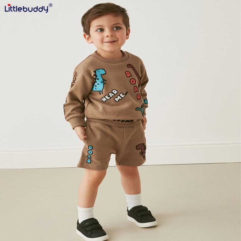 2024新款儿童长袖短裤套装欧美风秋季恐龙男童圆领棉套装2-7岁