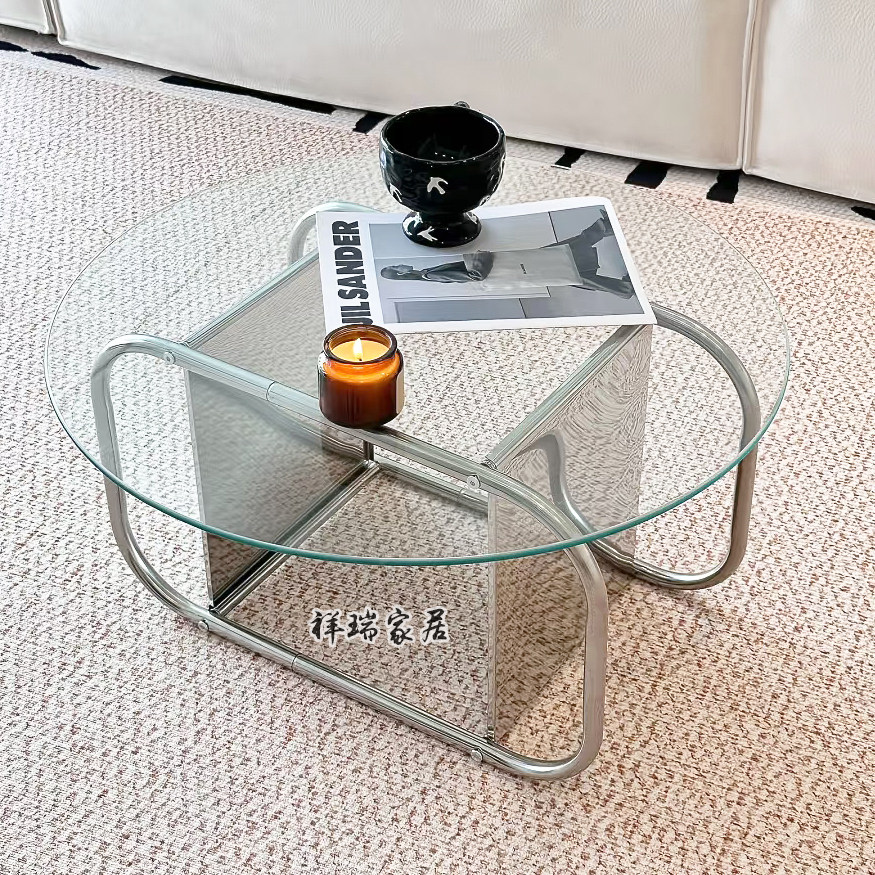 中古茶几简约玻璃金属小户型圆形