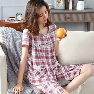 夏季薄款女士睡衣纯棉短袖七分裤圆领系扣开衫加肥大码家居服套装
