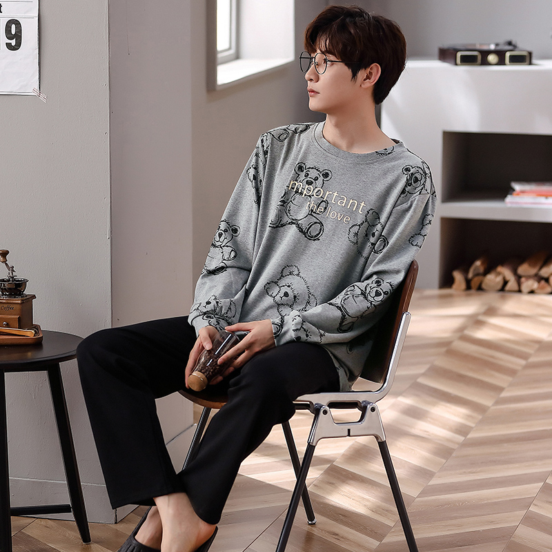 春秋季男长袖套头纯棉家居服套装