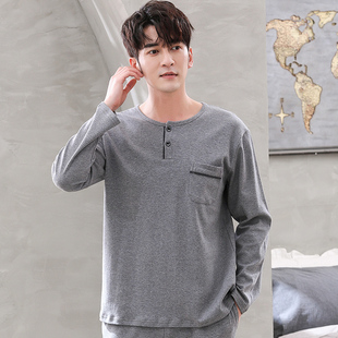 全棉家居服上装 100%纯棉圆领套头加大码 男单件睡衣上衣长袖 春秋季