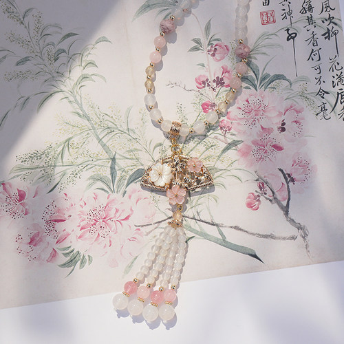 桃花扇天然粉贝花流苏项链