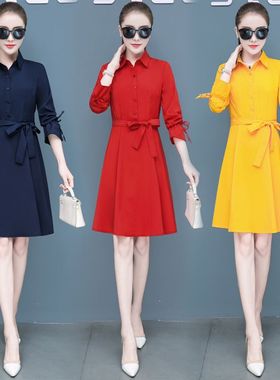 2024年春秋冬新款女装红色连衣裙黄色女网红秋流行短袖裙子潮